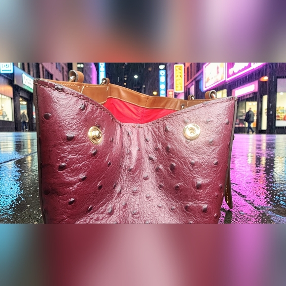 Dooney & Bourke Burgundy Ostrich Zip Satchel With Tan Handles - Picture 11 of 16